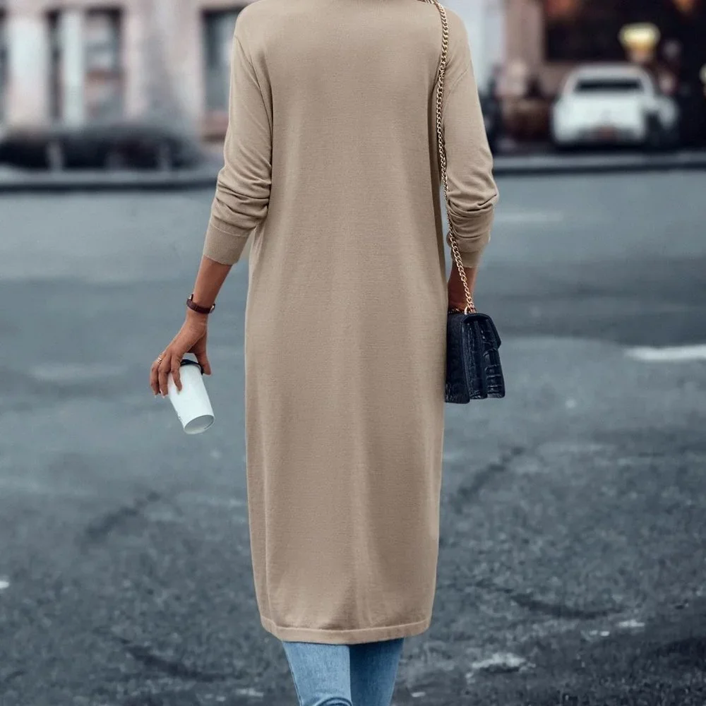 Khaki Casual Womens Solid Open Front Cardigan